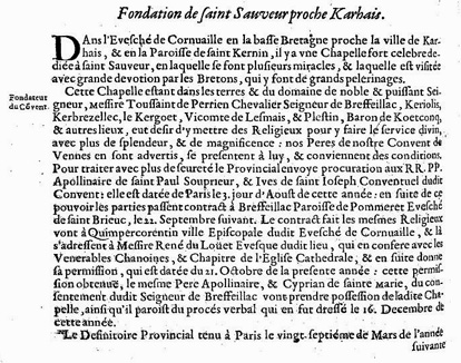 Carmes d�chauss�es de France : fondation de Carhaix-Plouguer (Bretagne)