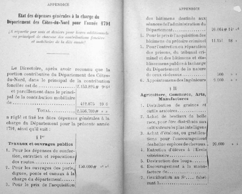 Etat des d�penses � la charge des C�tes-du-Nord pour l'ann�e 1791