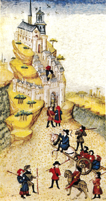 Miniature du Livre d'Heure de Pierre II de Bretagne. Les P�lerins montant au Mont-Saint-Michel.