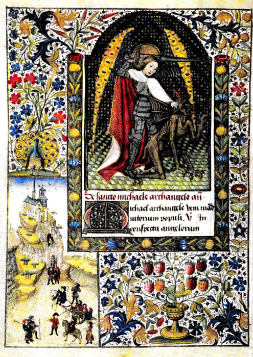 Miniature du Livre d'Heure de Pierre II de Bretagne. Saint-Michel terrassant le dragon et les P�lerins montant au Mont-Saint-Michel.